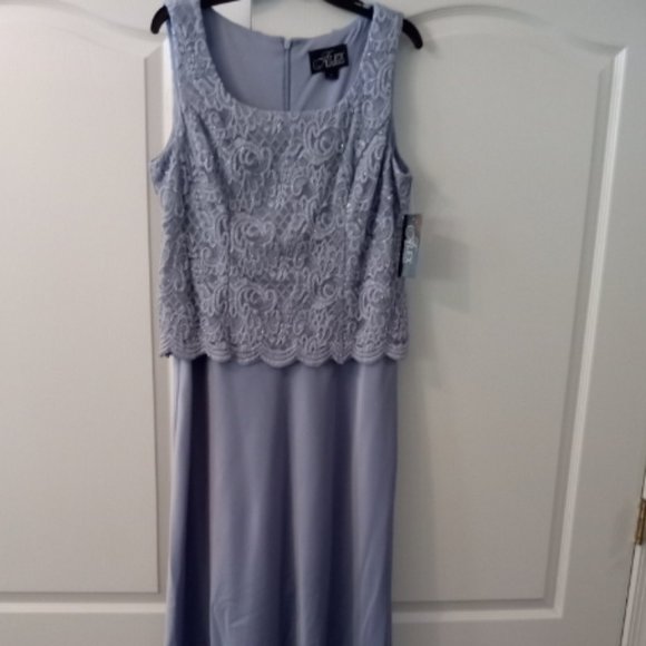 Long Lace & Satin Mock Jacket Dress With Open Scallop Detail Jacket and A-Line S - Picture 3 of 4